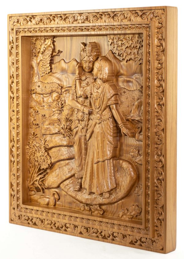 Radhe Krishna Wooden Carving Wall Art - Image 2