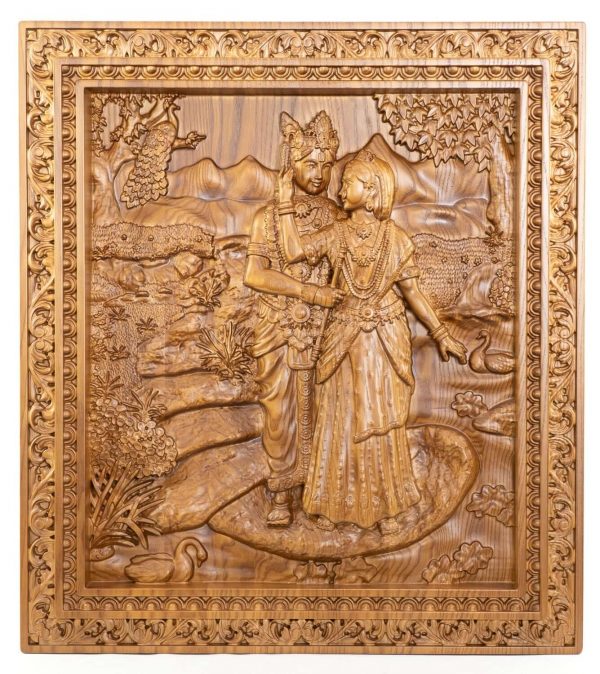 Radhe Krishna Wooden Carving Wall Art