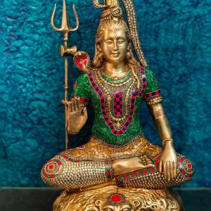 Sitting Shiva Brass Statue with Natural Tibetan Stones