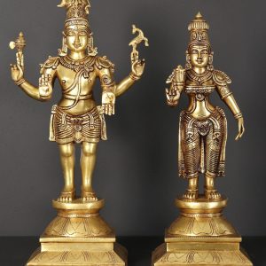 Standing Lord Shiva as Pashupatinath Brass Statue with Goddess Parvati