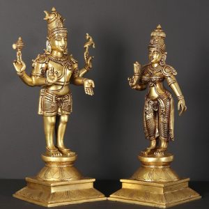Standing Lord Shiva as Pashupatinath Brass Statue with Goddess Parvati